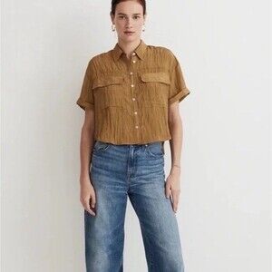 Madewell Shirt Womens Large Olive Utility Button Up Crinkle Crop Blouse Boxy